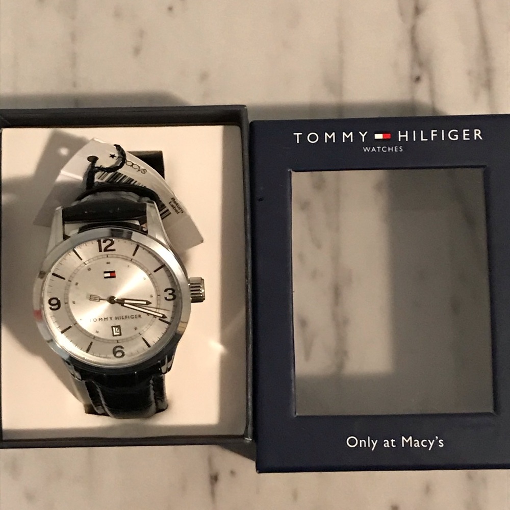New Tommy Hilfiger Black Leather and Stainless Steel Watch with Date